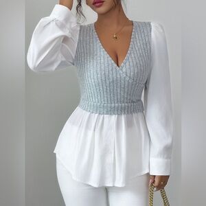 Gray and White Ribbed Knit Women Top